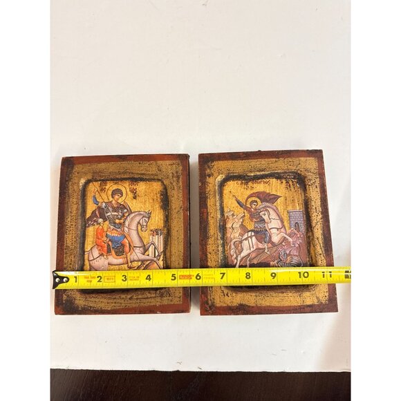 Vtg Saint George Slay the Dragon Horse Religious Art Wooden Wall Hangings Italia - Picture 9 of 10